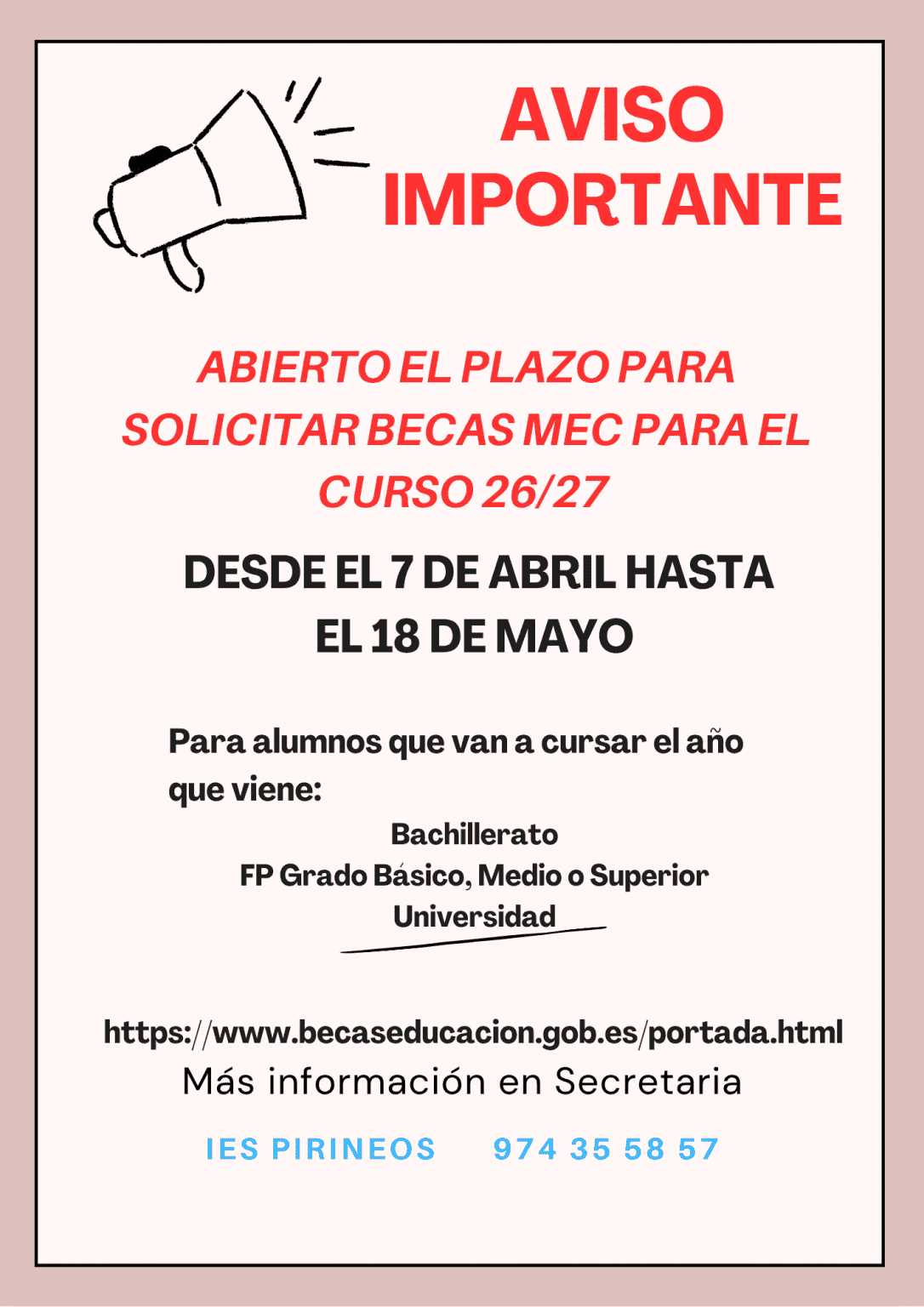 ABIERTO EL PLAZO PARA SOLICITAR BECAS MEC CURSO 26/27 - IES pirineos